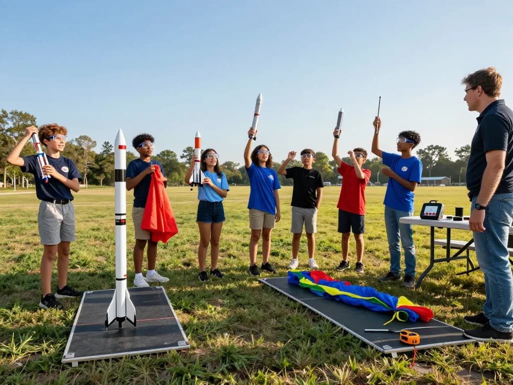 Students launching model rocket kits with colorful parachutes in a sunny outdoor field.