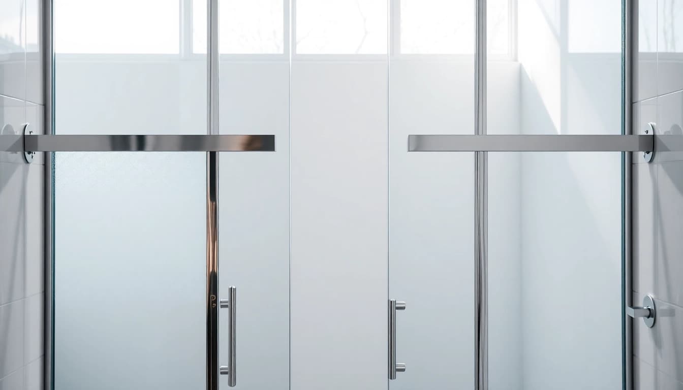 View of sleek shower doors sliding with modern design and chrome accents in a bright bathroom.