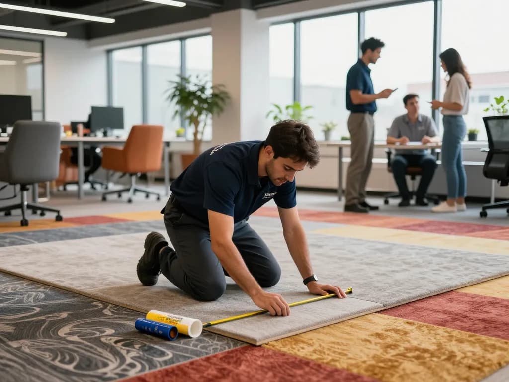 Commercial carpet installation in an office space with technicians measuring and cutting carpet tiles.