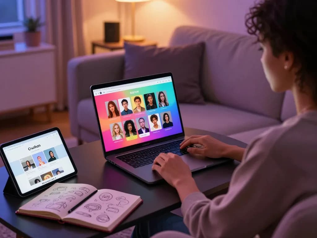Engaging in nsfw ai chat on a sleek laptop with creative AI character avatars in a cozy atmosphere.