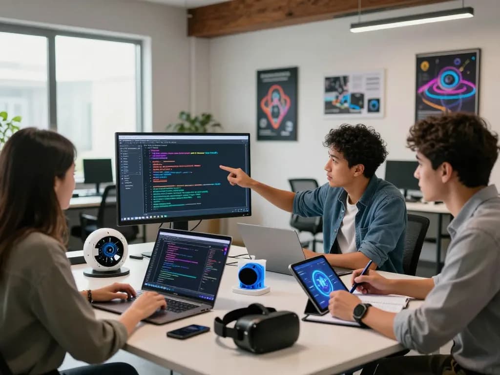 Collaborative software developers discussing spicy AI project in modern workspace.