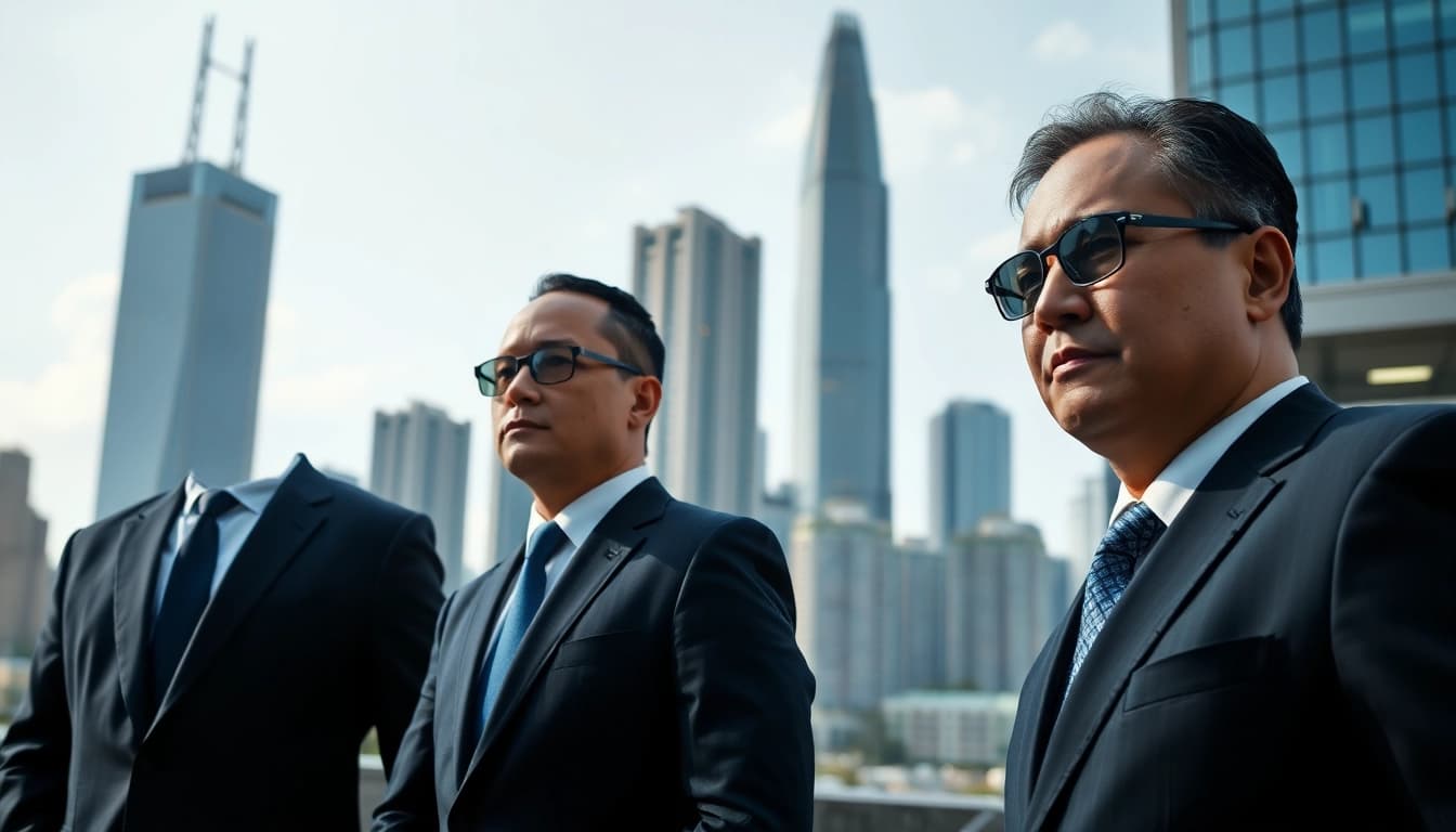 Close protection Hong Kong specialists maintaining a vigilant stance in an urban context.