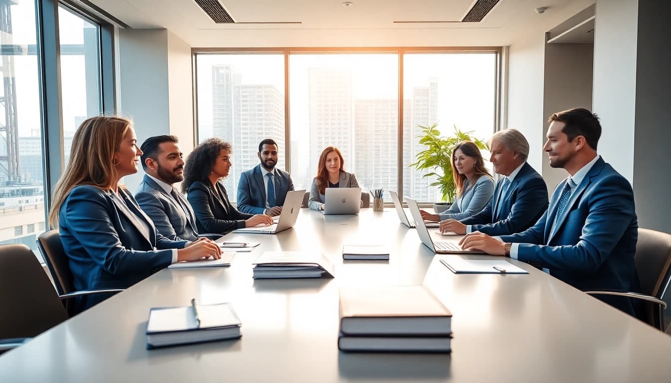 Business lawyer in the US consulting clients in a modern law office setting.