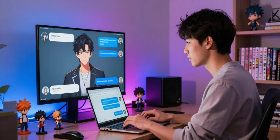 Engaging scene of a user chatting with an AI avatar in a vibrant anime-themed workspace, emphasizing ai chat hentai interaction.