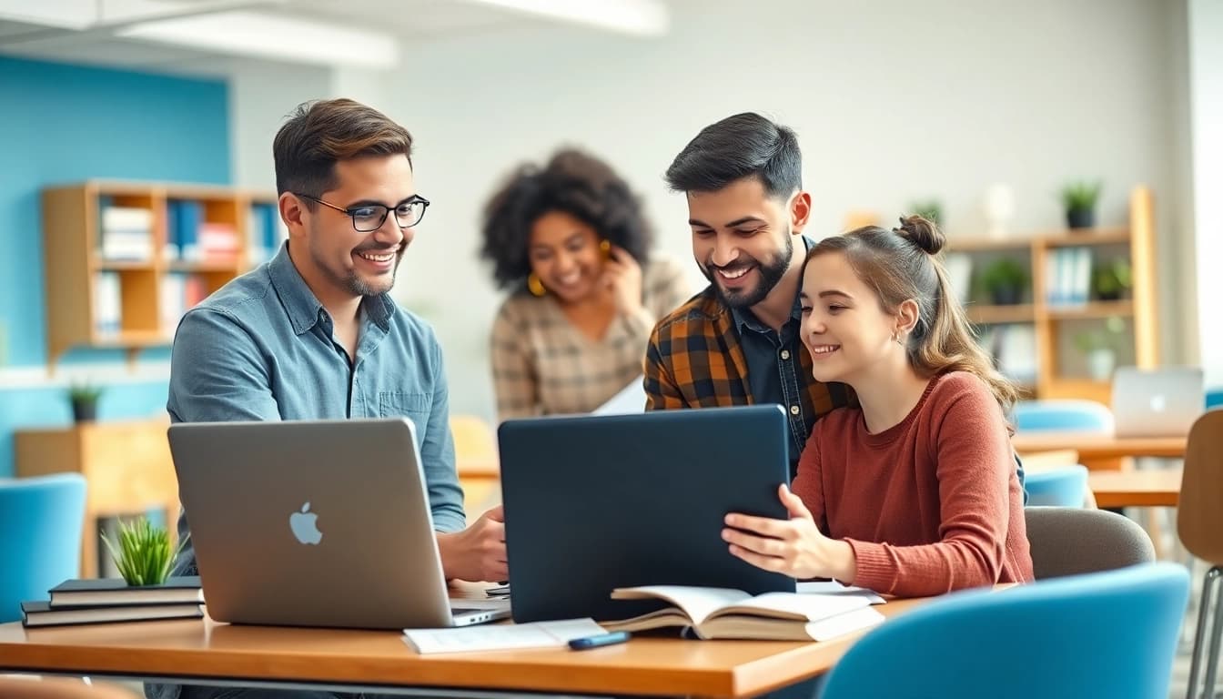 Student receiving online exams help from a professional tutor in a vibrant classroom.