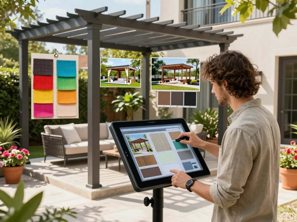 Interactive pergola configurator session with designer selecting materials and styles for custom outdoor living space.