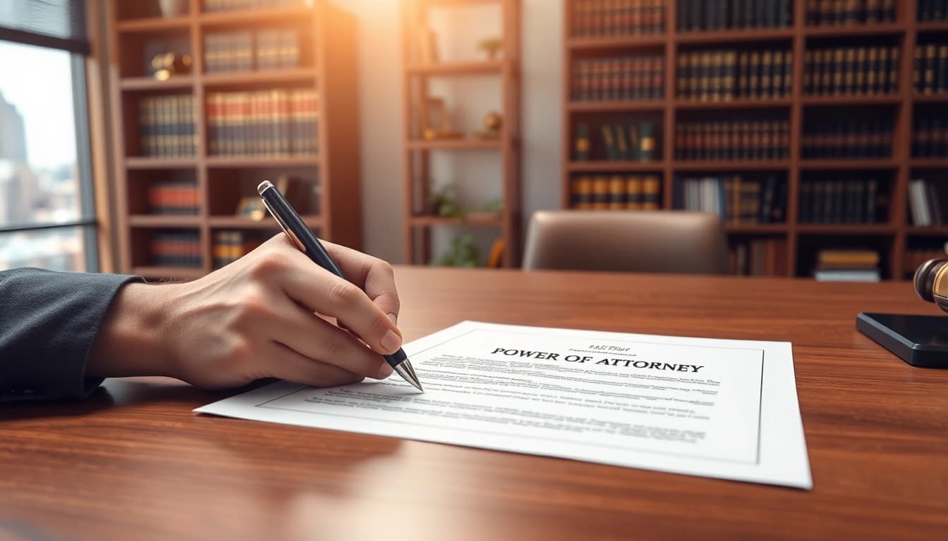 Signing a Power of Attorney document in a professional office setting.
