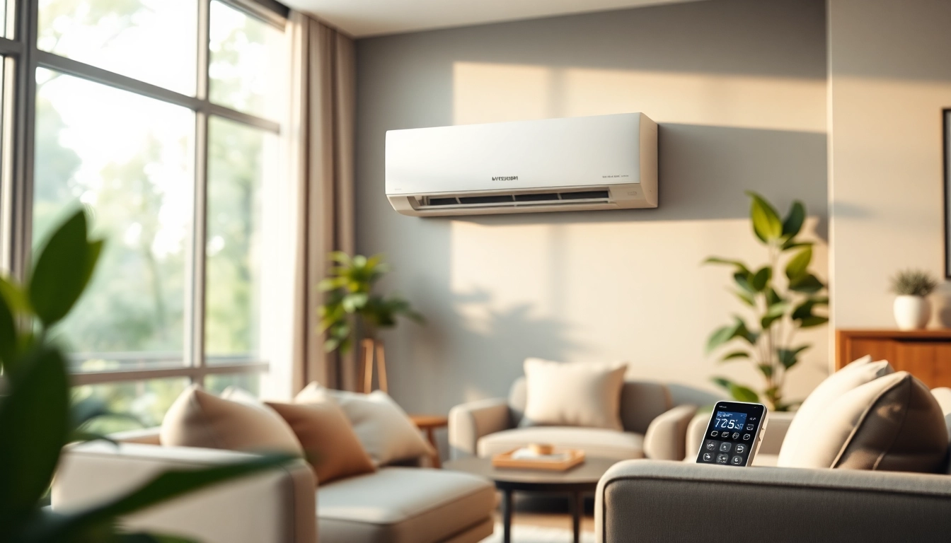 Efficient Mitsubishi mini split AC unit installed in a modern living room setting.