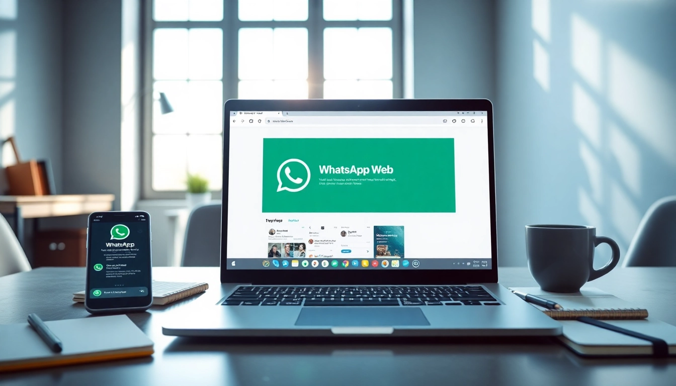 WhatsApp Web interface showcased in a modern workspace, emphasizing communication efficiency.