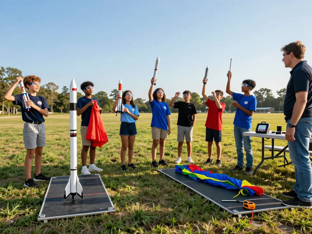 Students launching model rocket kits with colorful parachutes in a sunny outdoor field.