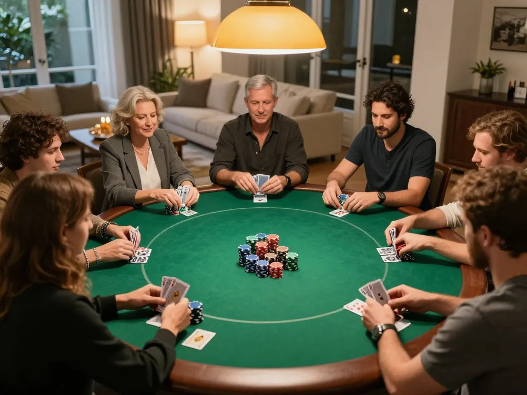 Engaged players showcase strategic gameplay at a home poker night, highlighting SHBET .COM for casual gambling fun.