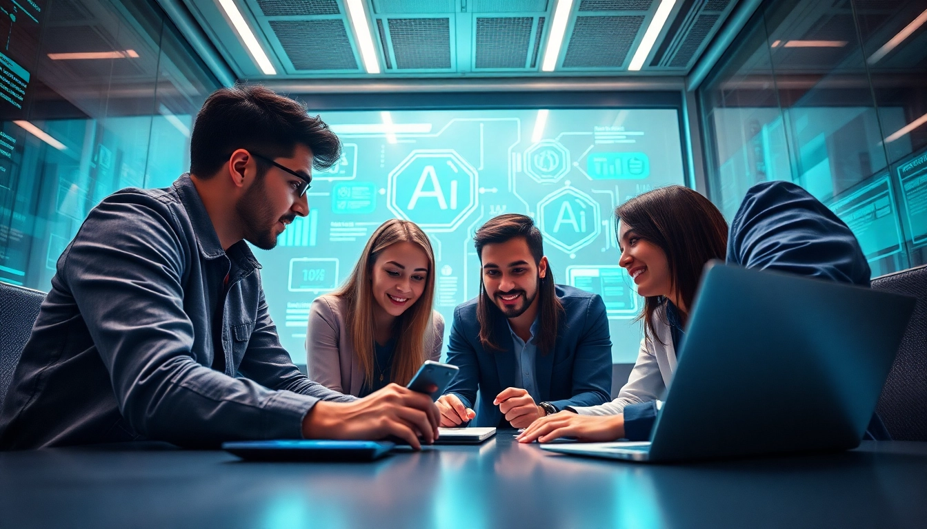 A modern tech workspace depicting young professionals working on AI projects with vibrant colors and innovative technology, focusing on ia +18 themes.