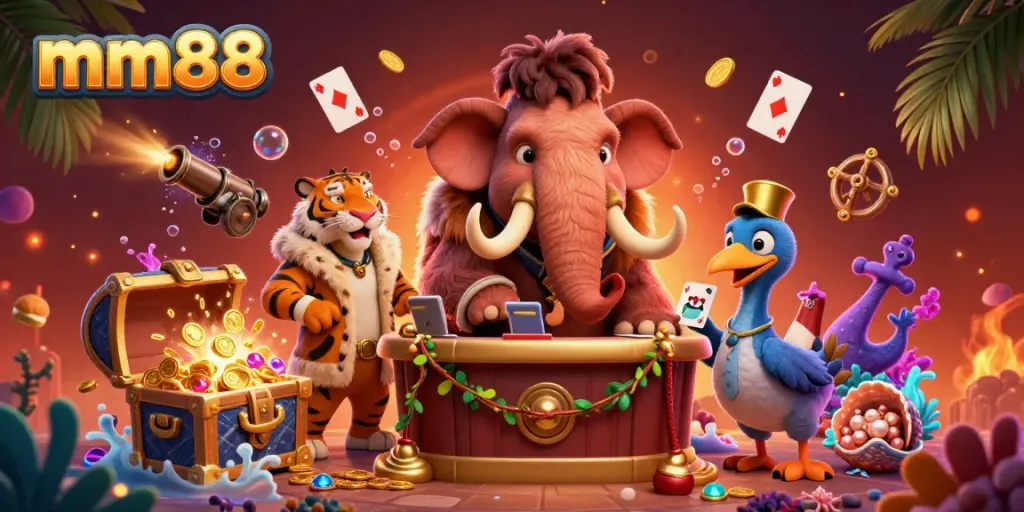 Experience the vibrant mm88 casino atmosphere with a woolly mammoth bouncer, VIP saber-tooth guest, and treasure elements.