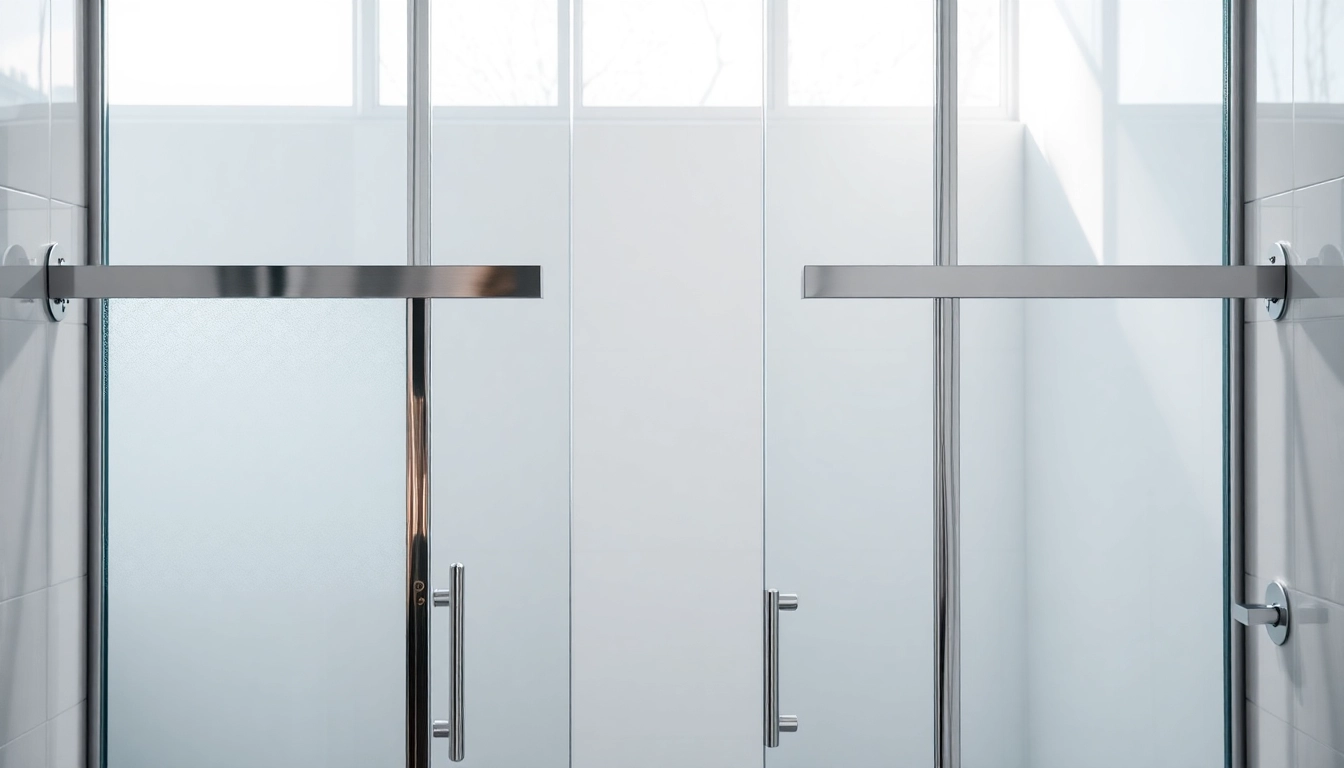 View of sleek shower doors sliding with modern design and chrome accents in a bright bathroom.