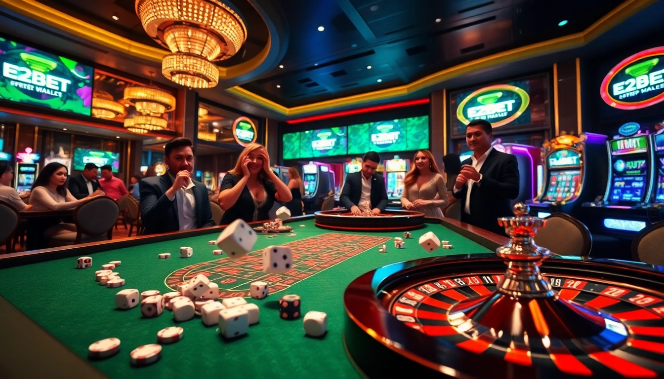 E2BET trang chủ atmosphere showcasing an exciting casino table with vibrant poker chips and a spinning roulette wheel.