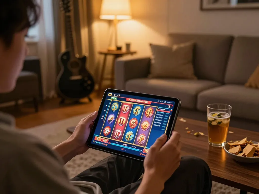 Player enjoying a slot game on 789win1 tablet in a cozy living room.
