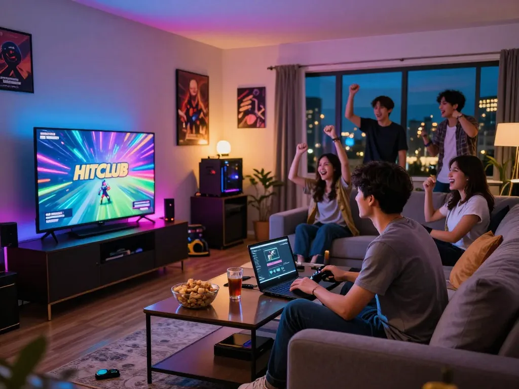Excited gamer playing tải hitclub with friends in a lively living room.