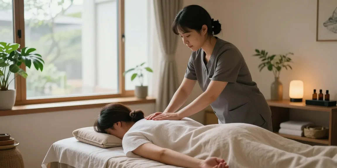 A calming 구월동출장안마 scene with a skilled therapist providing relaxation in a peaceful home environment.