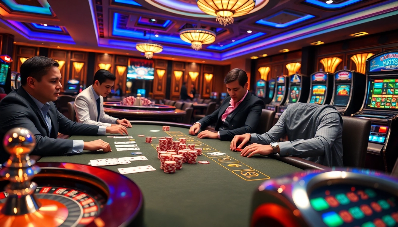 Intense poker action at May88's high-stakes table showcasing luxury and excitement.