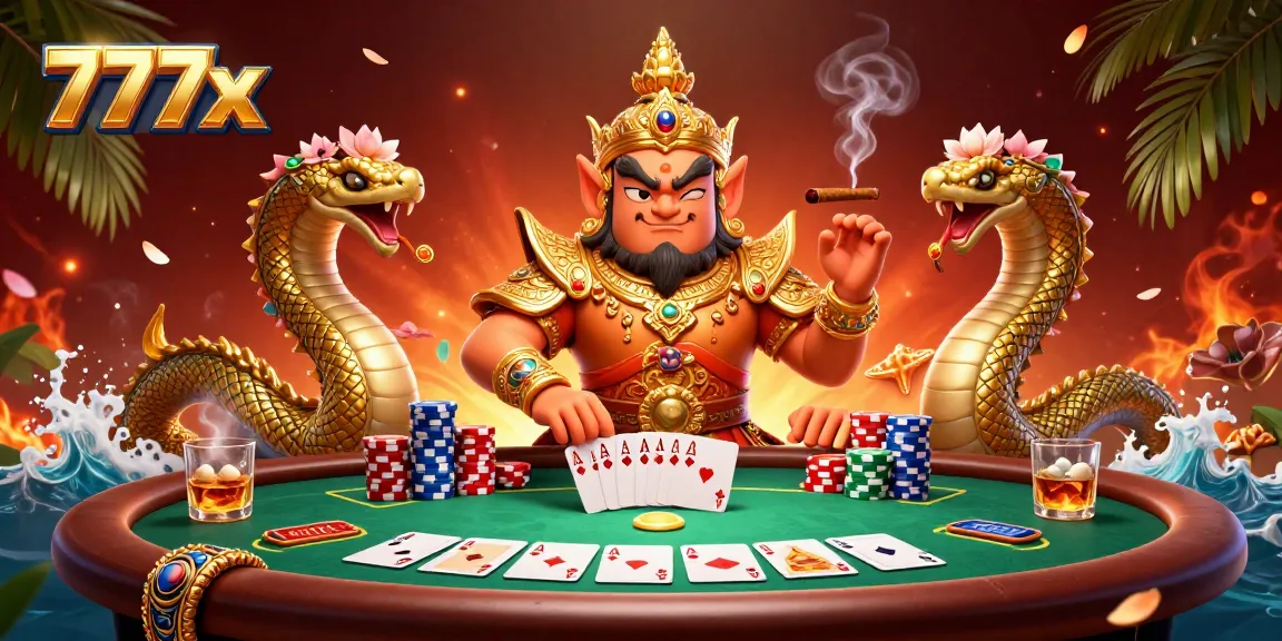 Engage with 777x for a vibrant poker experience featuring a 3D yaksha guardian in dynamic casino settings.