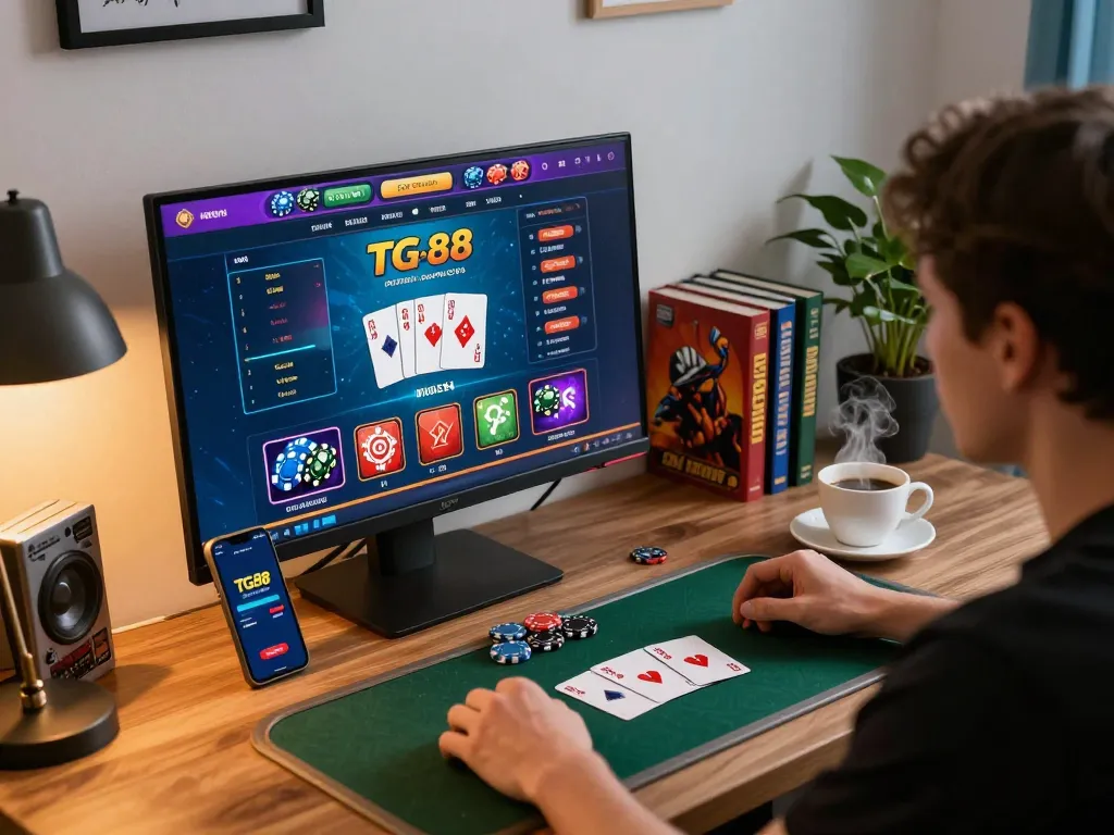 Engaging player using TG88 app and online casino interface in a stylish home office setup