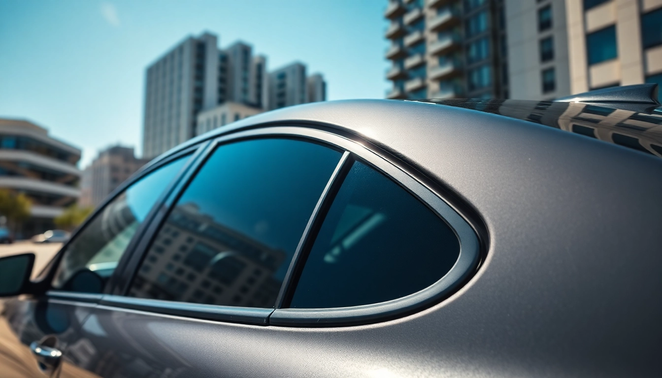 Enhance visibility with reliable window tint near me showcasing a sleek car parked in a lively city.
