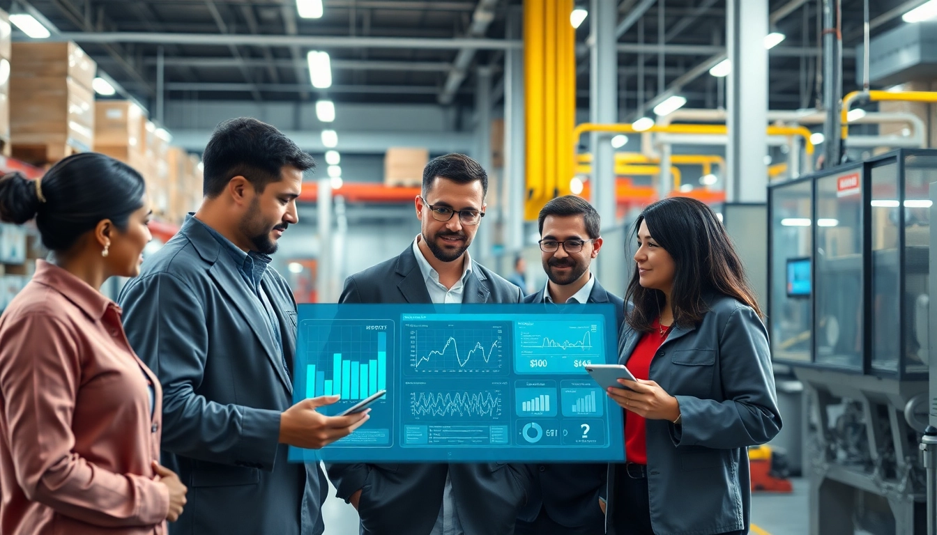 Real-time traceability software utilized by a diverse team in a modern industrial setting, showcasing product tracking and inventory management.