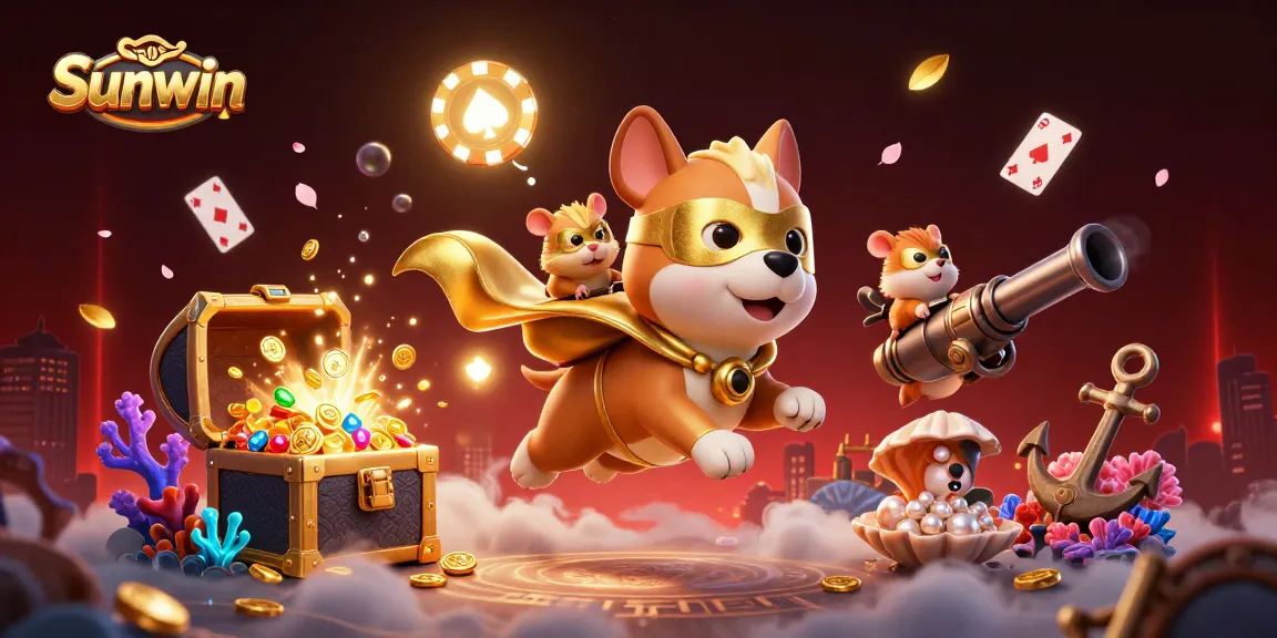 Experience Sunwin's thrilling adventure with superhero dog and hamster amidst treasure and poker action.