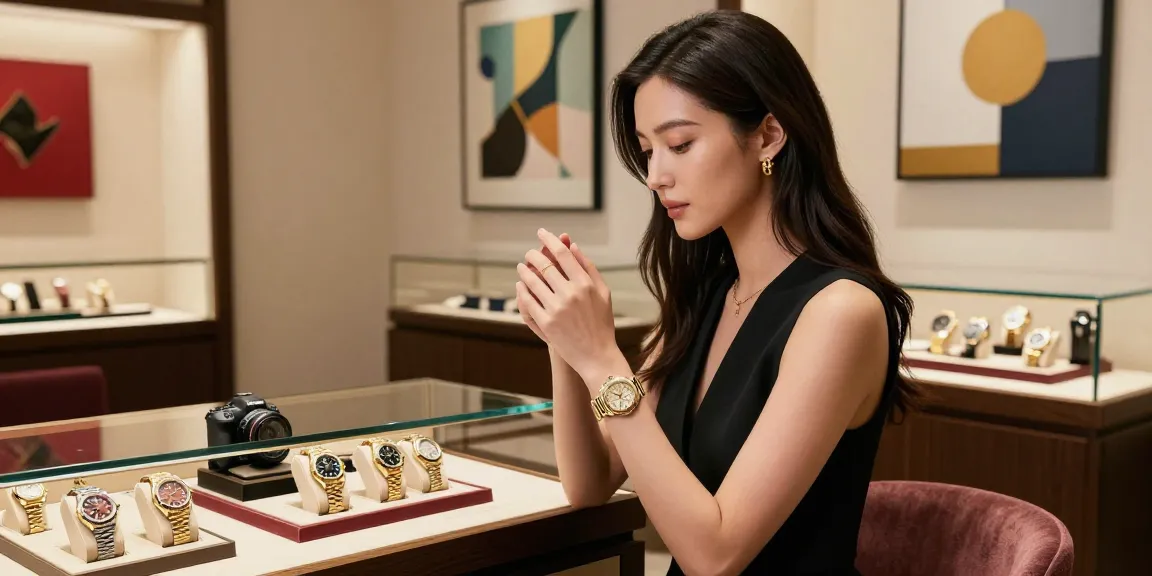 Gorgeous woman admiring a Rolex replica watch in a luxurious boutique.