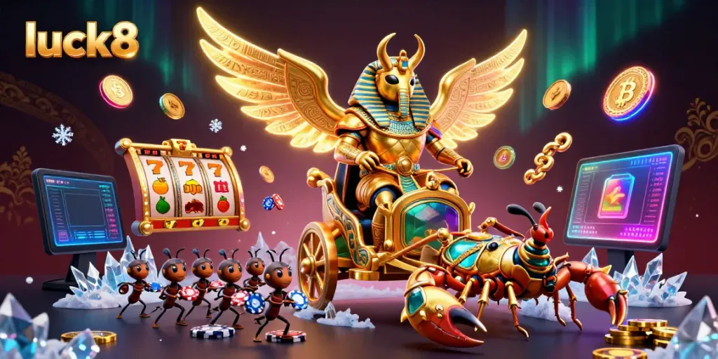 Engage in thrilling jackpots and rich rewards at luck8 with an energetic 3D casino illustration.