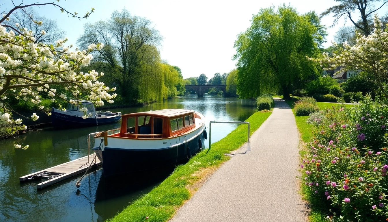 Scenic view of Thames Ditton with a boat by the dock and blooming flowers.