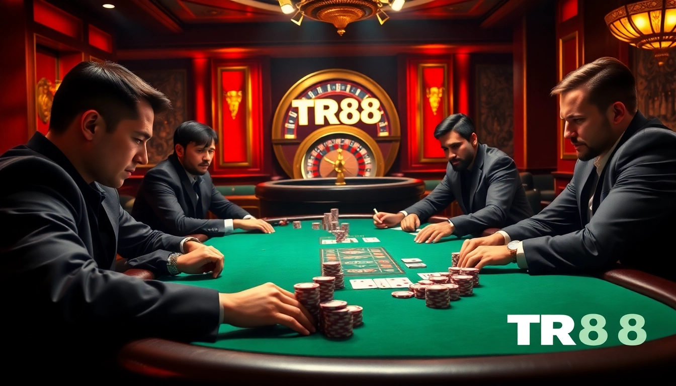 tr88 players engaging in a high-stakes poker game in an elegant casino setting