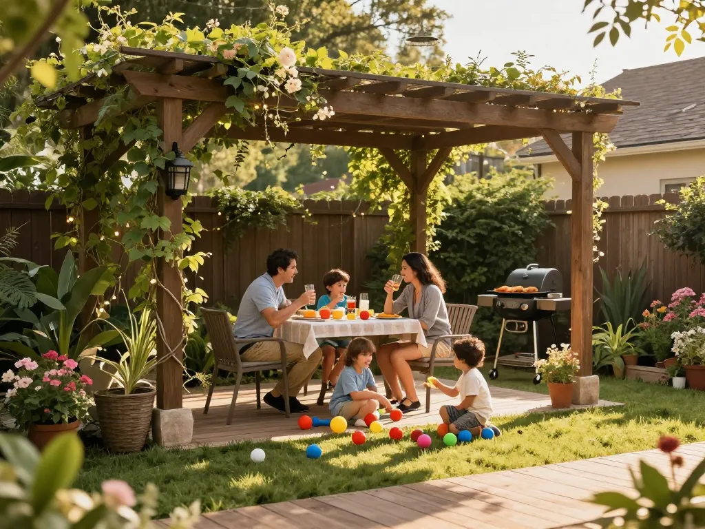 The pergola configurator scene showcases a family enjoying time outdoors under a beautifully crafted pergola, enhancing their backyard gatherings.