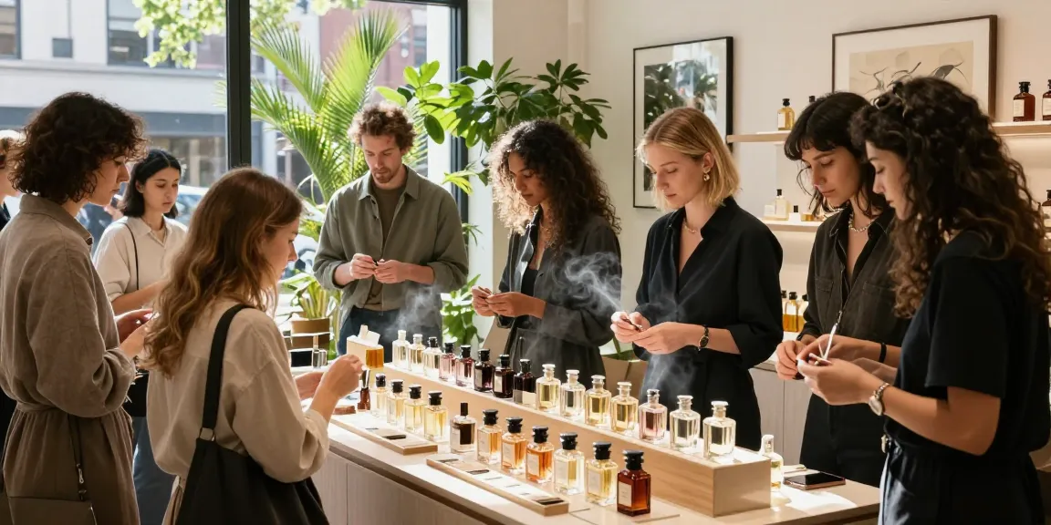 Seasonal fragrances experience in a chic boutique with diverse customers exploring scents while enjoying expert advice.