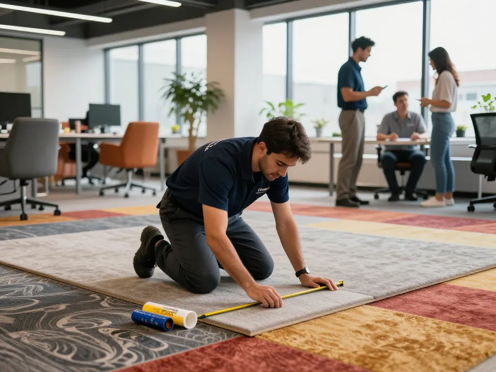 Commercial carpet installation in an office space with technicians measuring and cutting carpet tiles.