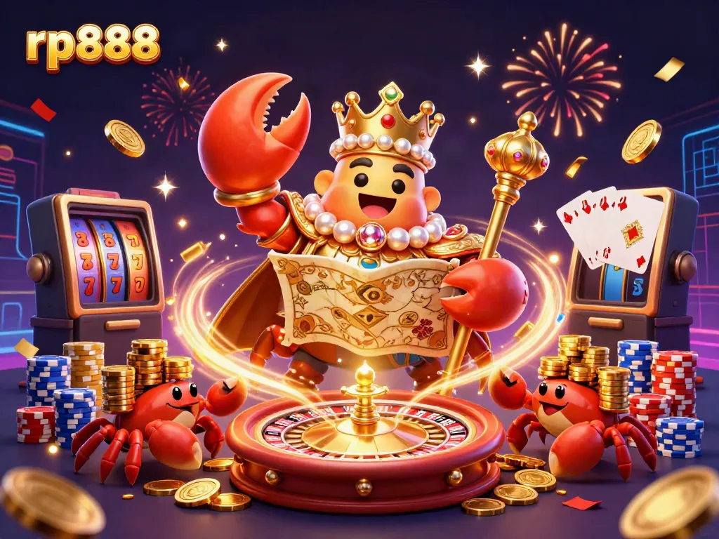 Experience a vibrant casino adventure with rp888 featuring a golden crab emperor amidst treasures and games.