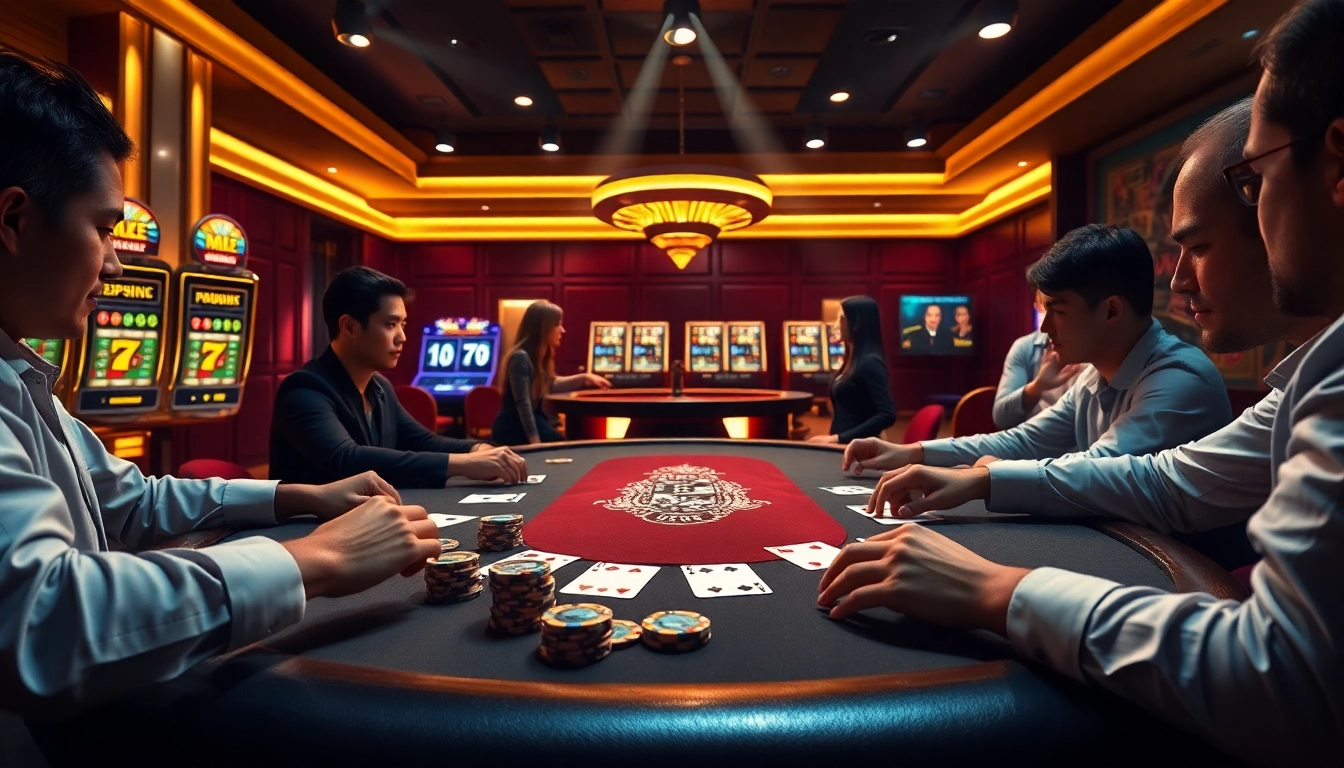 Experience the thrills of SCLUB88 COM with professional gamblers at an elegant poker table.