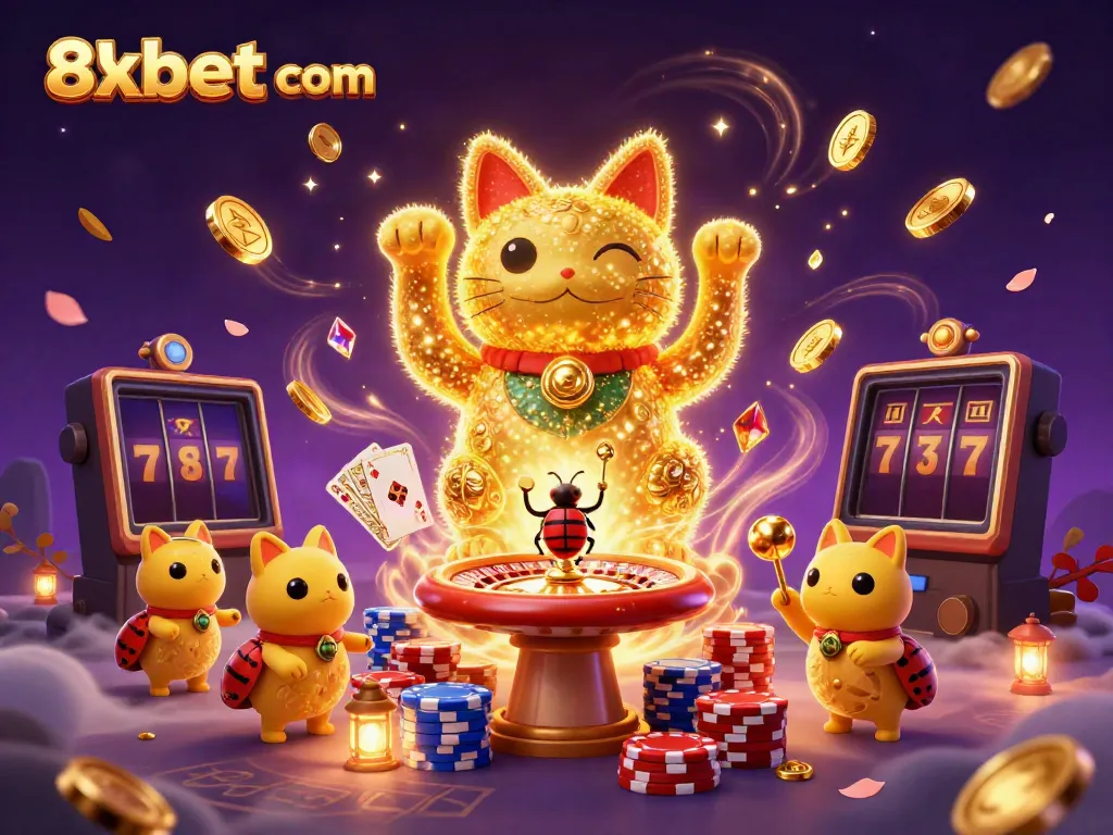 Experience vibrant casino energy with 8xbet com in a captivating 3D illustration of lucky elements and symbols.