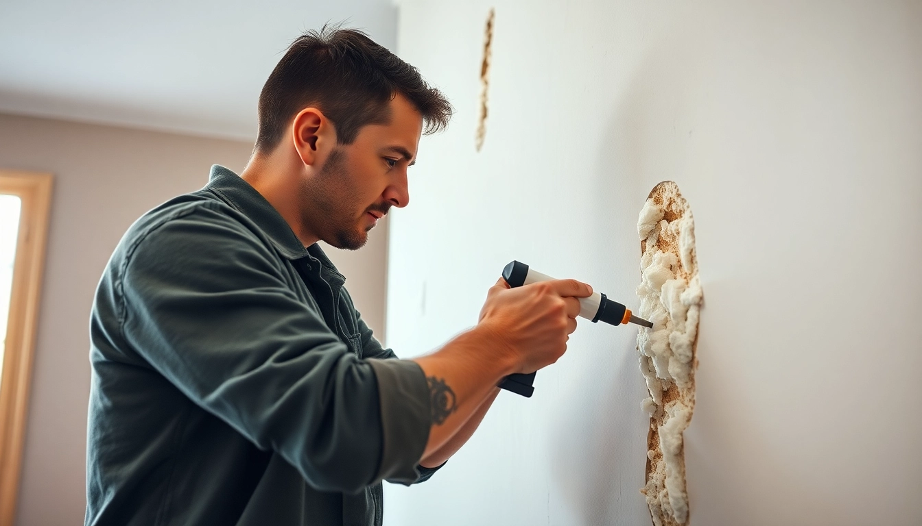 Technician from spray foam removal companies removing foam from a wall.