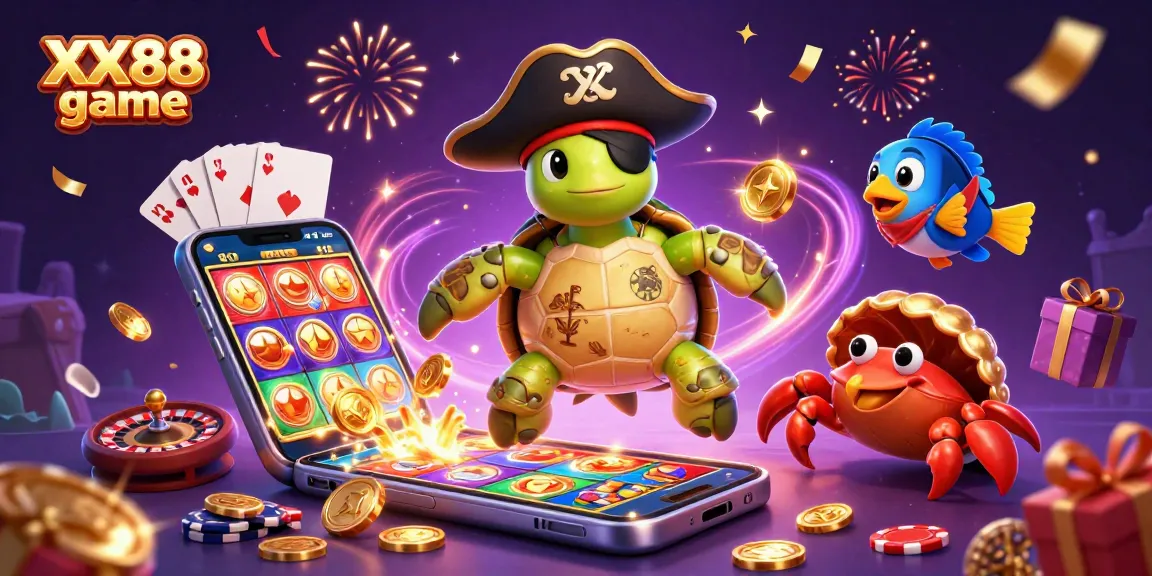 Engage with the XX88 game in this vibrant 3D scene featuring a pirate turtle, hermit crab, and parrotfish amidst festive slot machines.