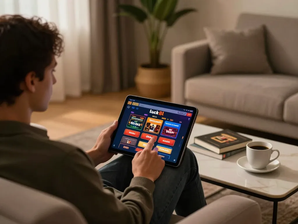 Engaging in luck8l online casino gaming experience at home with tablet interface.