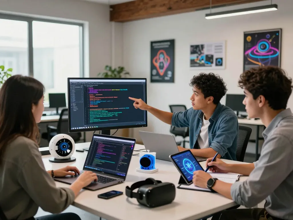 Collaborative software developers discussing spicy AI project in modern workspace.