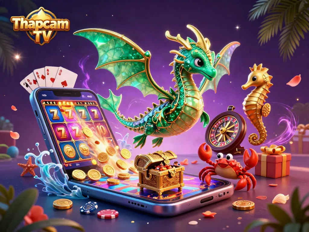 Experience Thapcam TV with vibrant slot games and treasure-filled adventures in this dynamic illustration.