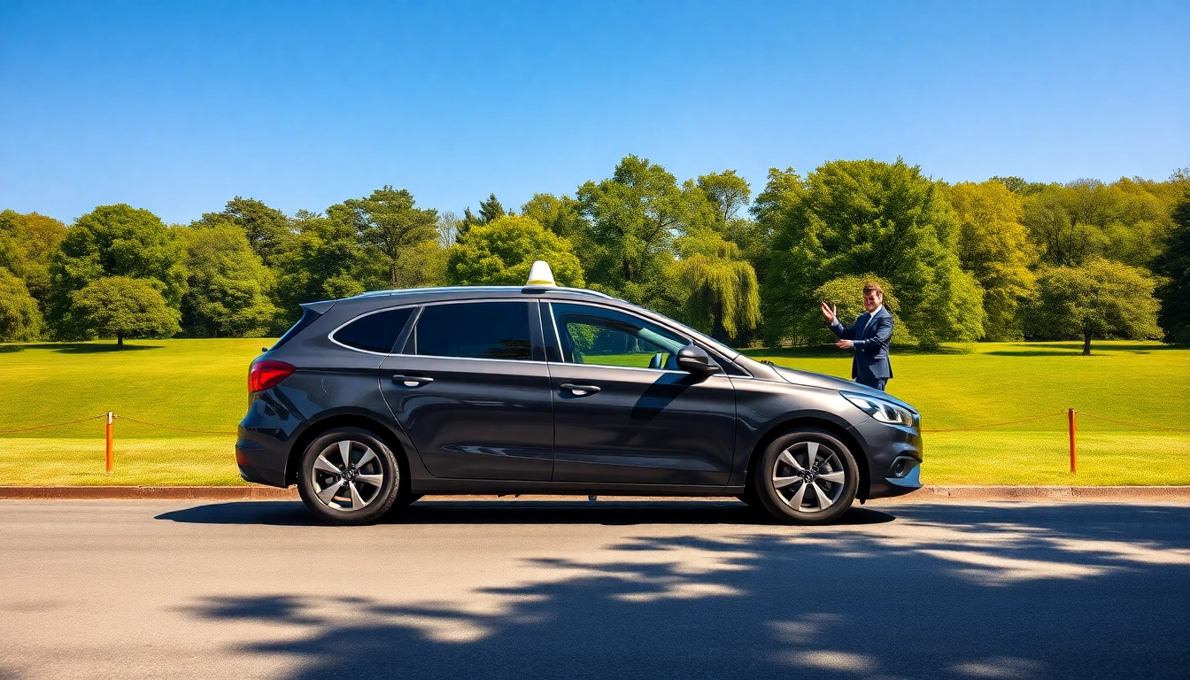 Book a reliable taxi service in west Byfleet with a professional driver in a park setting.