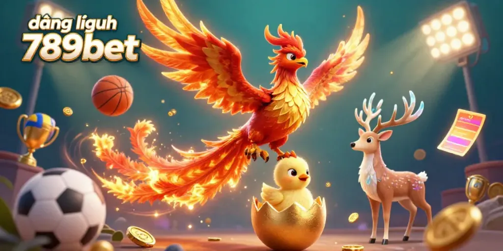 Experience the excitement of đăng nhập 789bet with vibrant 3D casino elements, including a phoenix and sports themes.