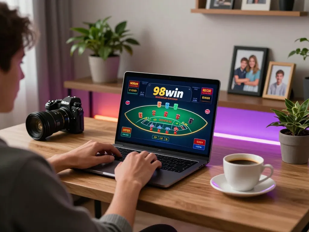 Playing 98win live dealer blackjack at home with laptop in cozy setting
