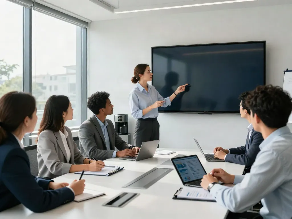 Engaged professionals having a meeting to have a peek at this web-site metrics in a modern office.
