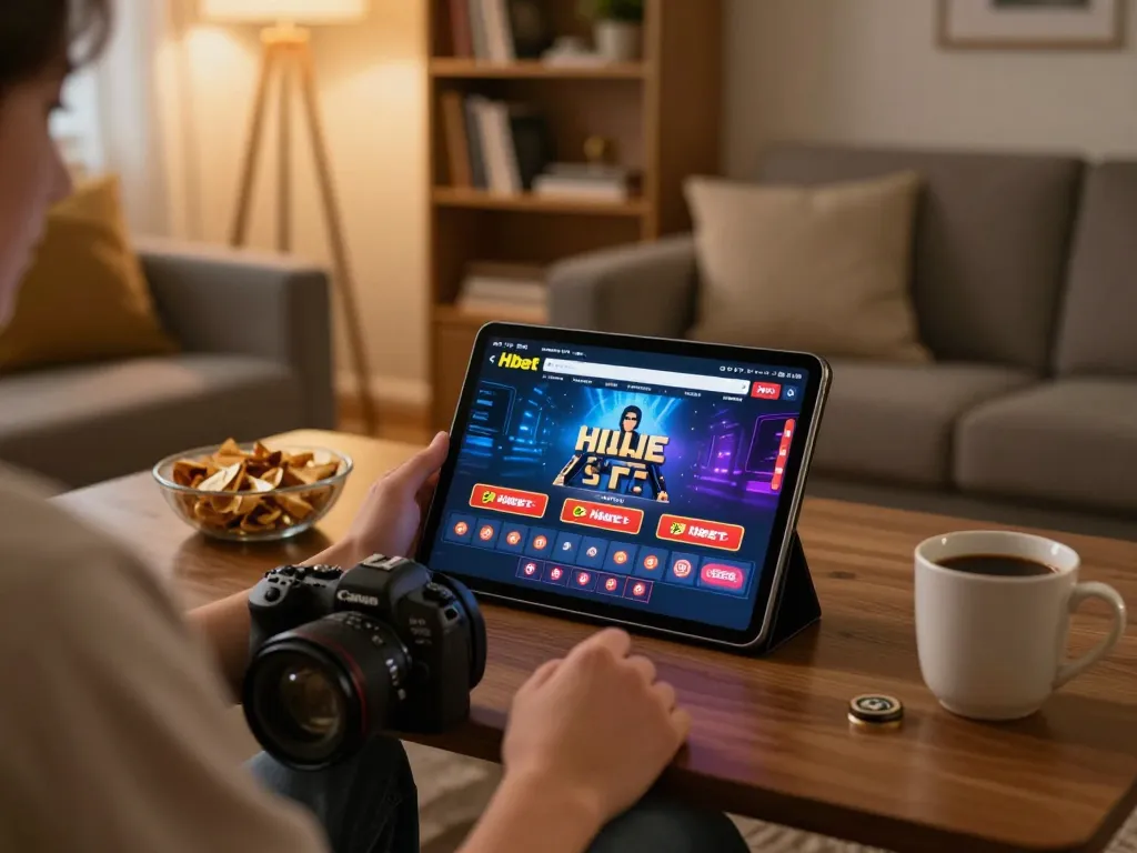 Gambler uses Hbet tablet for online casino gameplay in cozy living room.