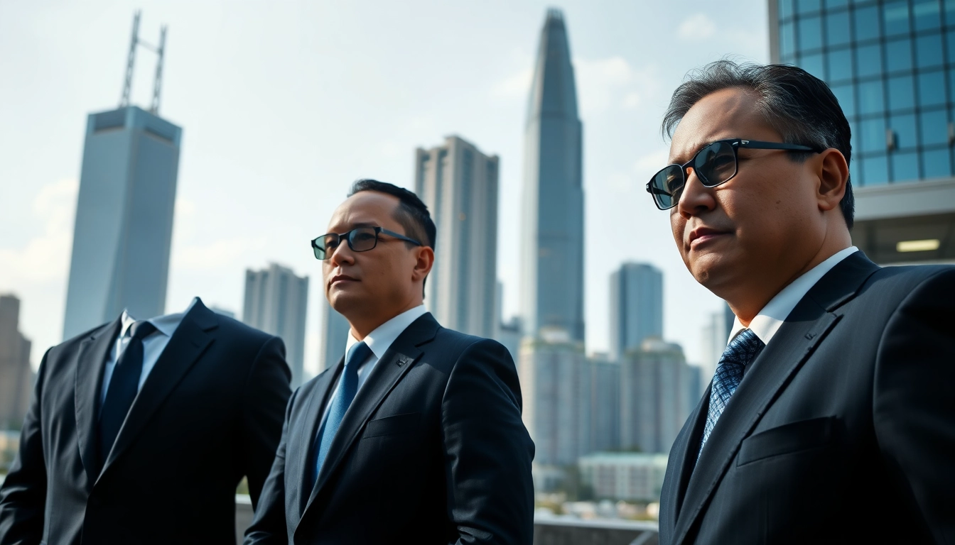 Close protection Hong Kong specialists maintaining a vigilant stance in an urban context.