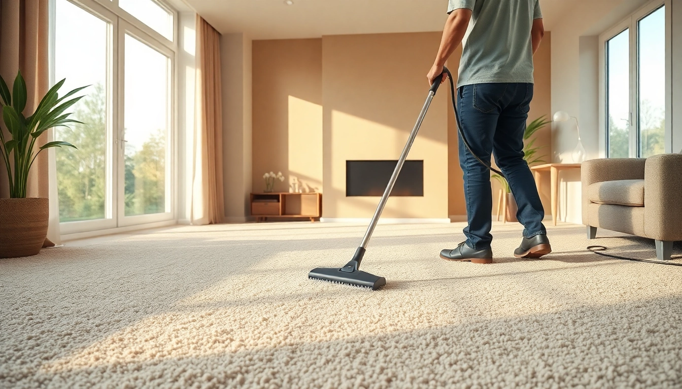 Professional carpet cleaning showcasing a technician expertly cleaning a plush carpet in a bright living room.